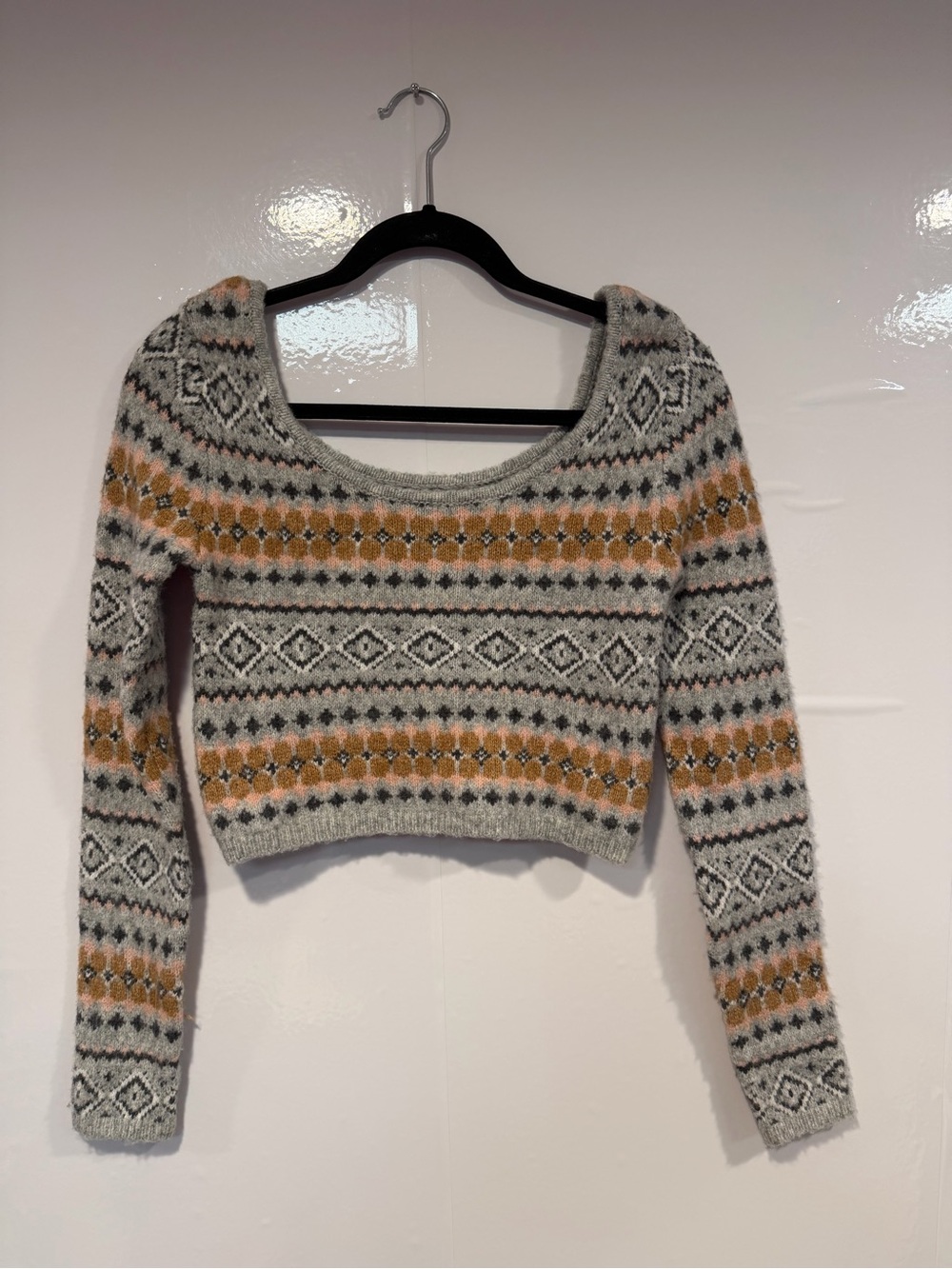 American Eagle Outfitters Cropped Fair Isle Sweater - Gray & Mustard NWT